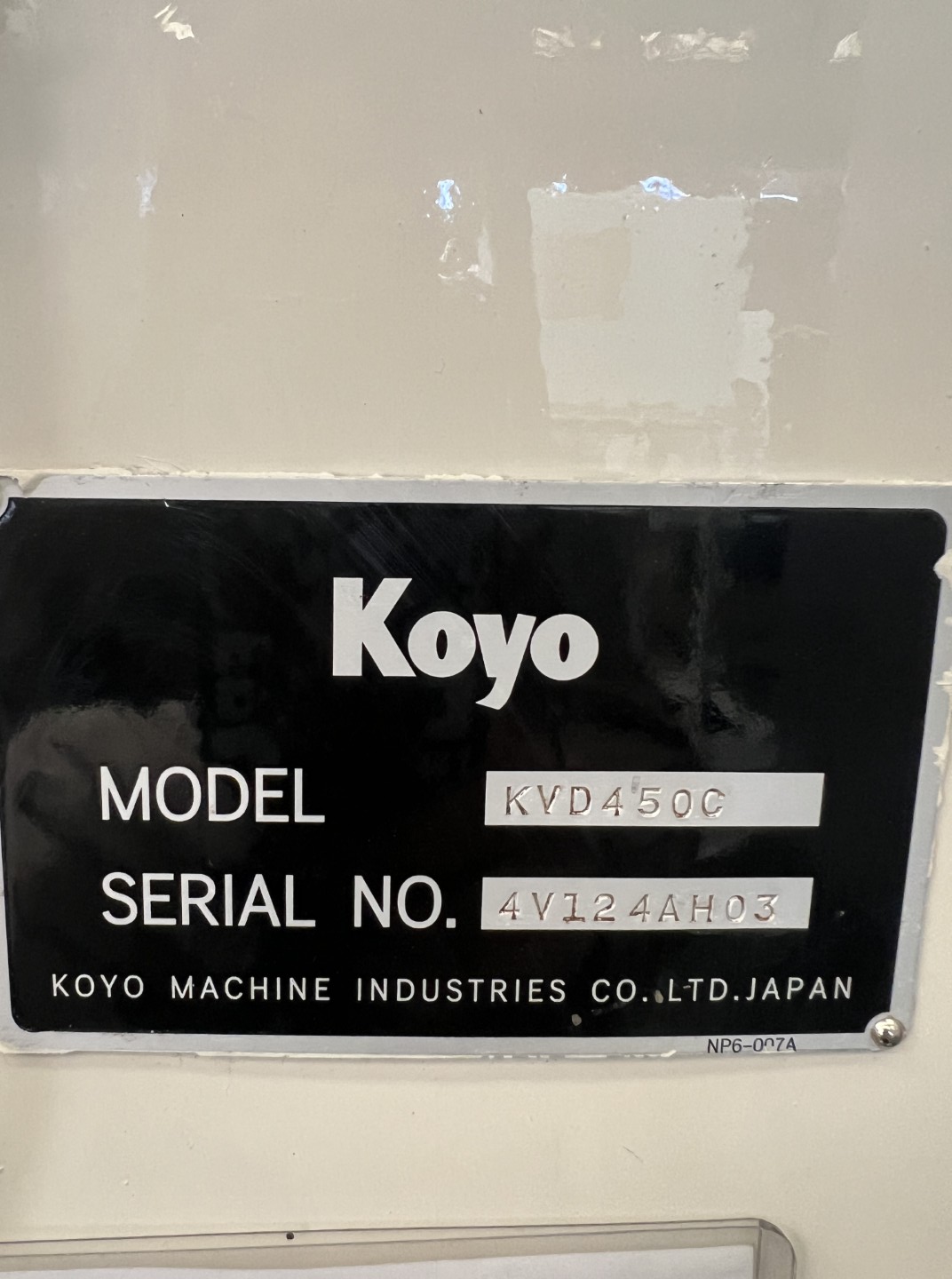 Koyo Machinery Industries Vertical Double-Sided Surface Grinder KVD450C 2007 Nameplate Photo