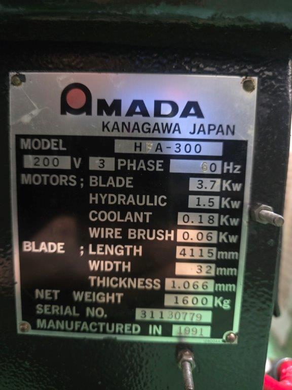 Amada Band Saw HFA300 1991 Nameplate Photo