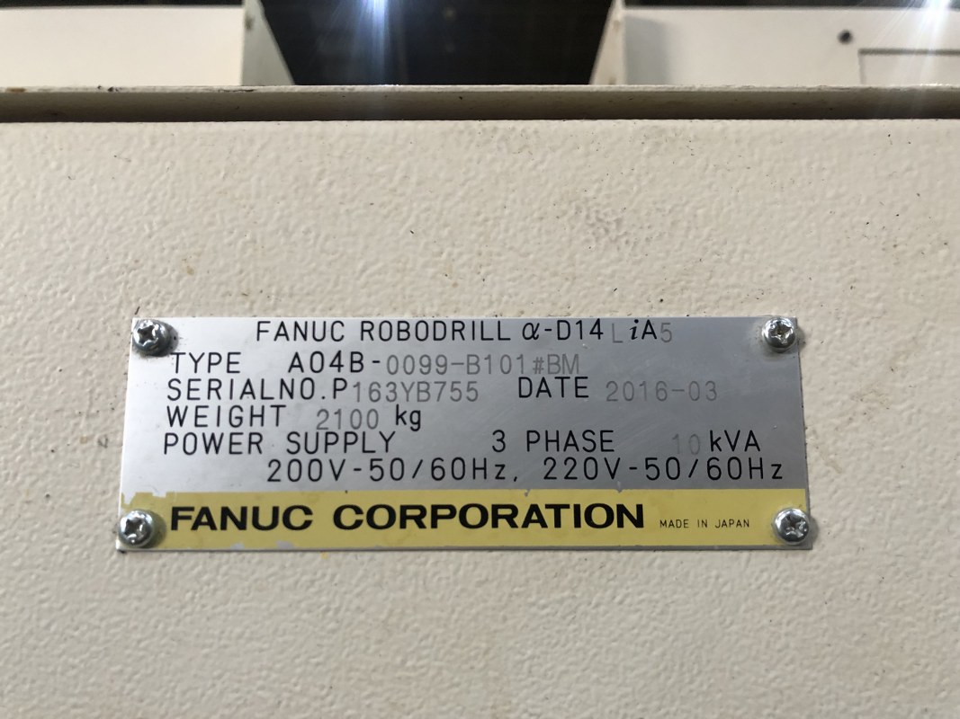 FANUC Vertical Machining Center αD14LiA5 2016 Nameplate Photo