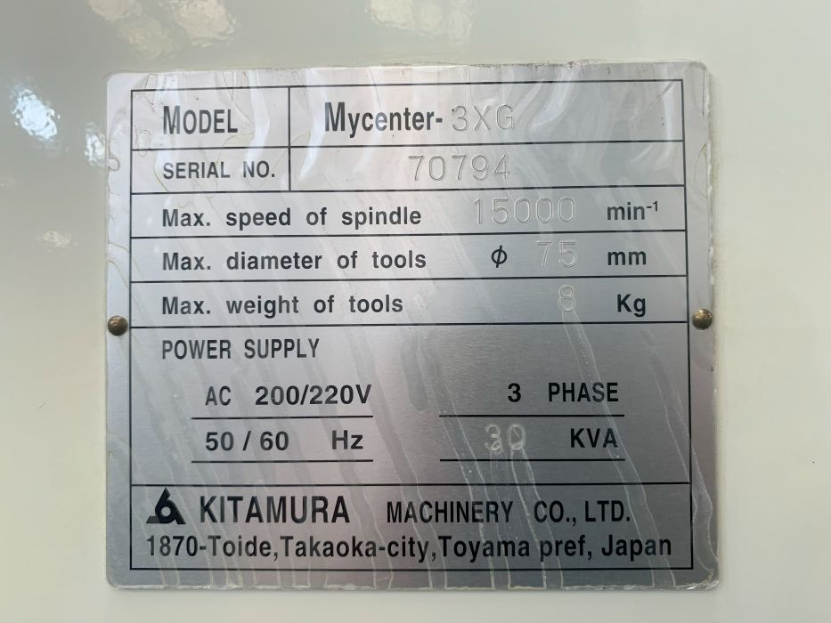 Kitamura Machinery Vertical Machining Center Mycenter-3XG 2013.8 Nameplate Photo